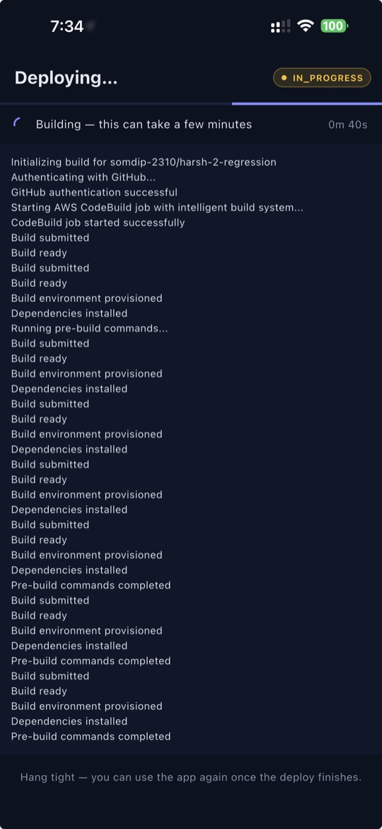 SnapDeploy for iPhone — live deploy logs